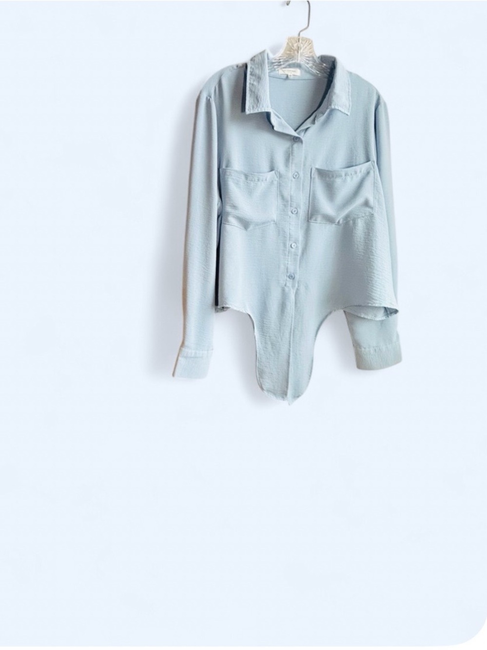 Relaxed Light Blue Button-Front Long-Sleeve Blouse